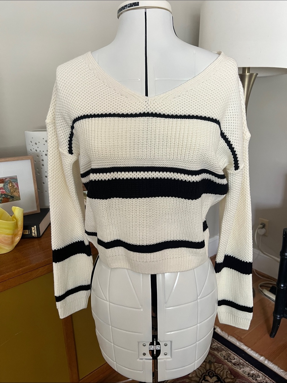 Cream V-Neck Sweater with Black Stripes